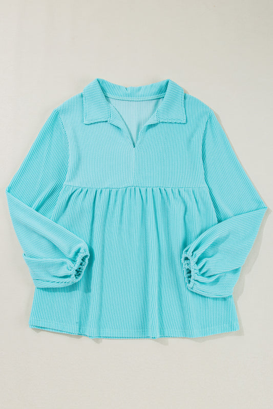 Turquoise Cordrd Balloon Sleeve Collar Plus Babydoll Top