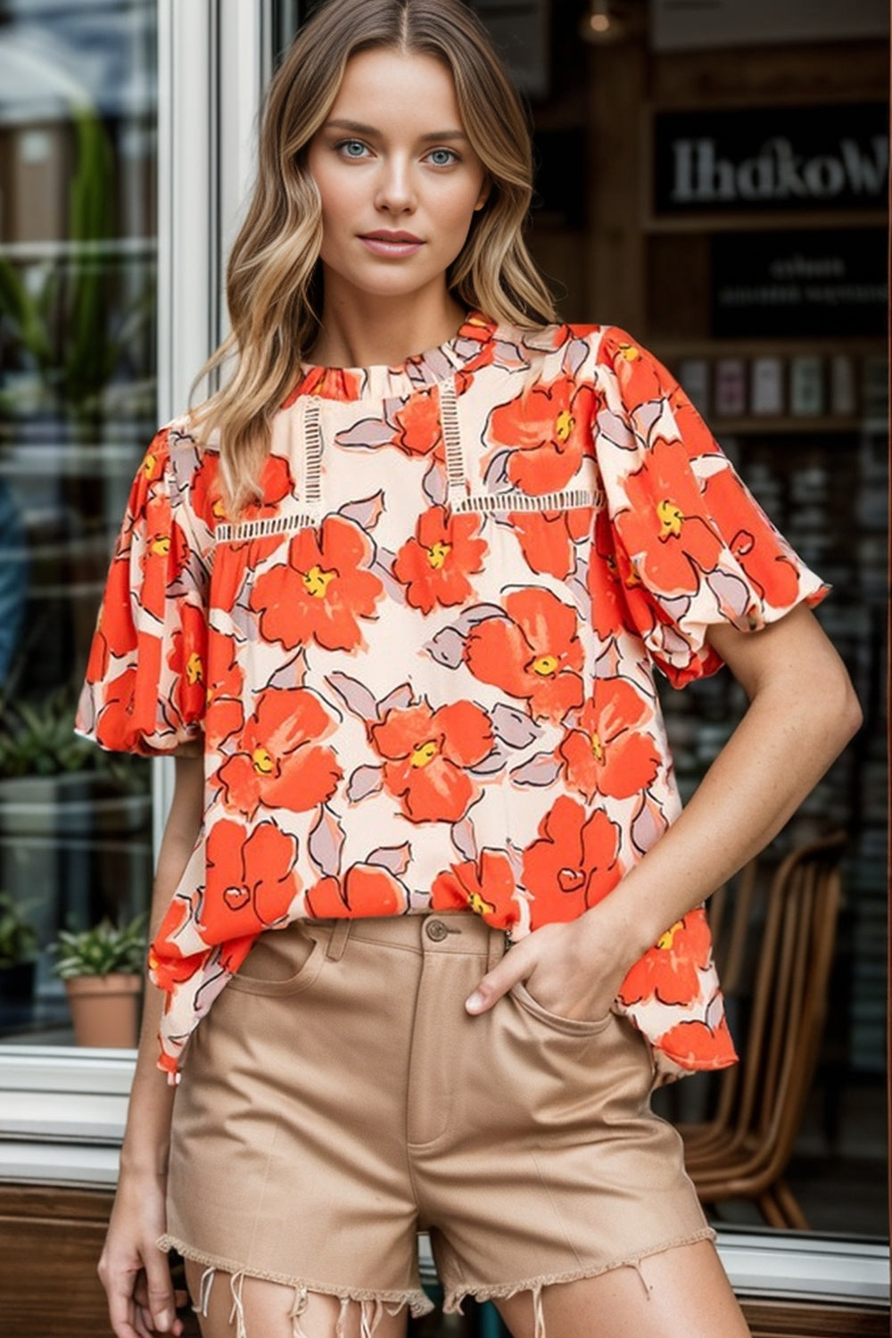 Printed Round Neck Short Sleeve Blouse