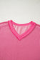 Rose Red Twisted Ribbed Knit V Neck Casual Tee
