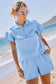 Beau Blue Ribbed Texture Half Zip Ruffled Short Sleeve Top and Shorts Set