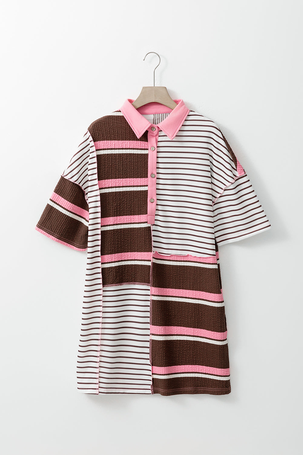 Brown Stripe Striped Textured Patchwork Buttoned T Shirt Dress