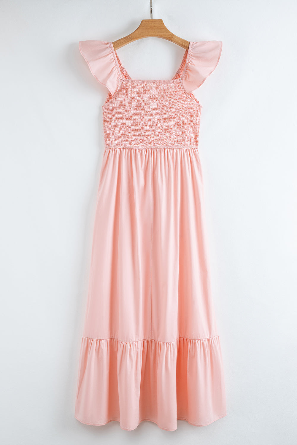 Pink V Neck Flutter Sleeve Smocked Bodice High Waist Ruffle Maxi Dress