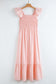 Pink V Neck Flutter Sleeve Smocked Bodice High Waist Ruffle Maxi Dress