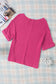 Strawberry Pink Textured Knit Split Neck Cuffed Short Sleeve Top