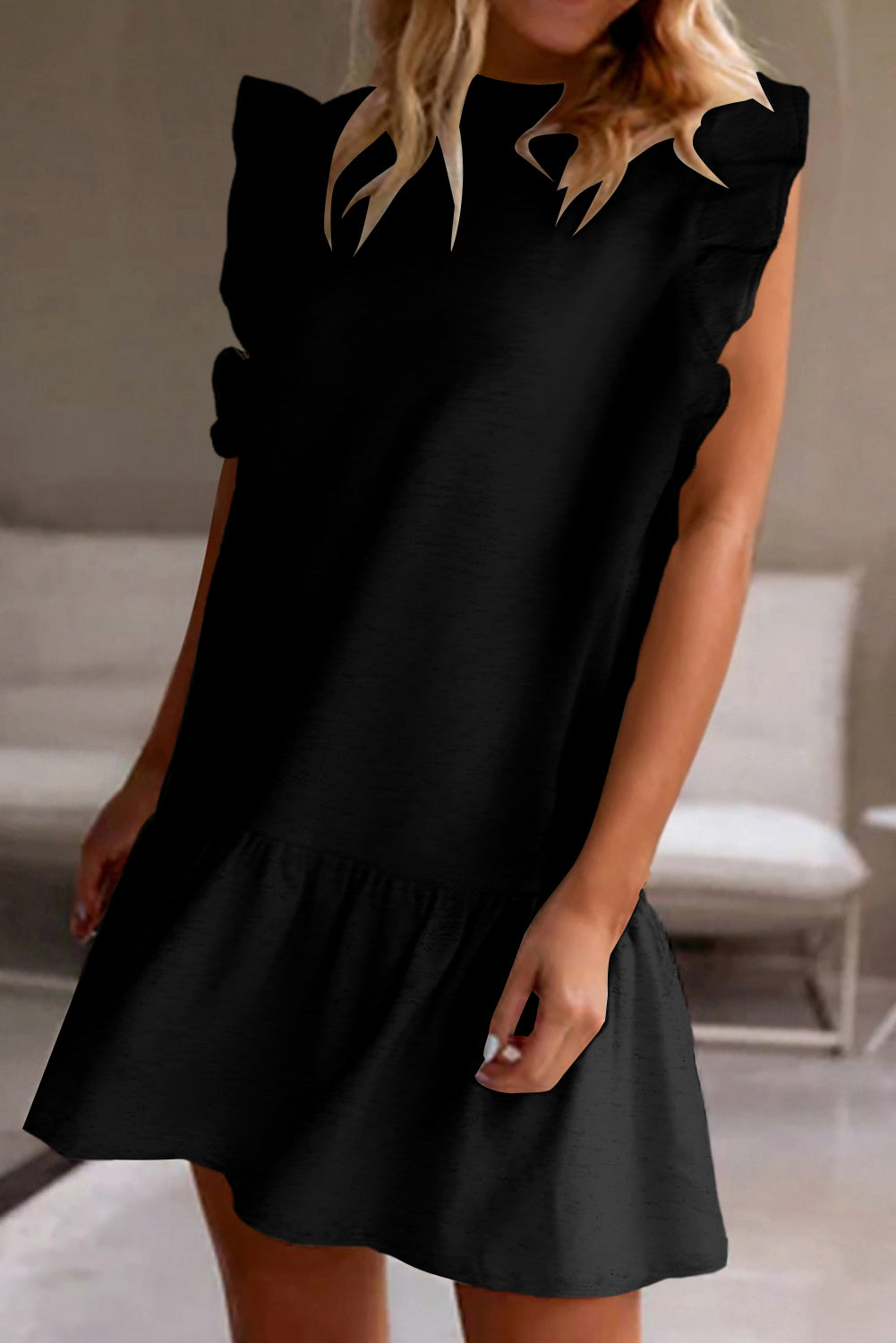 Black Flutter Sleeve Crew Neck Shift Dress