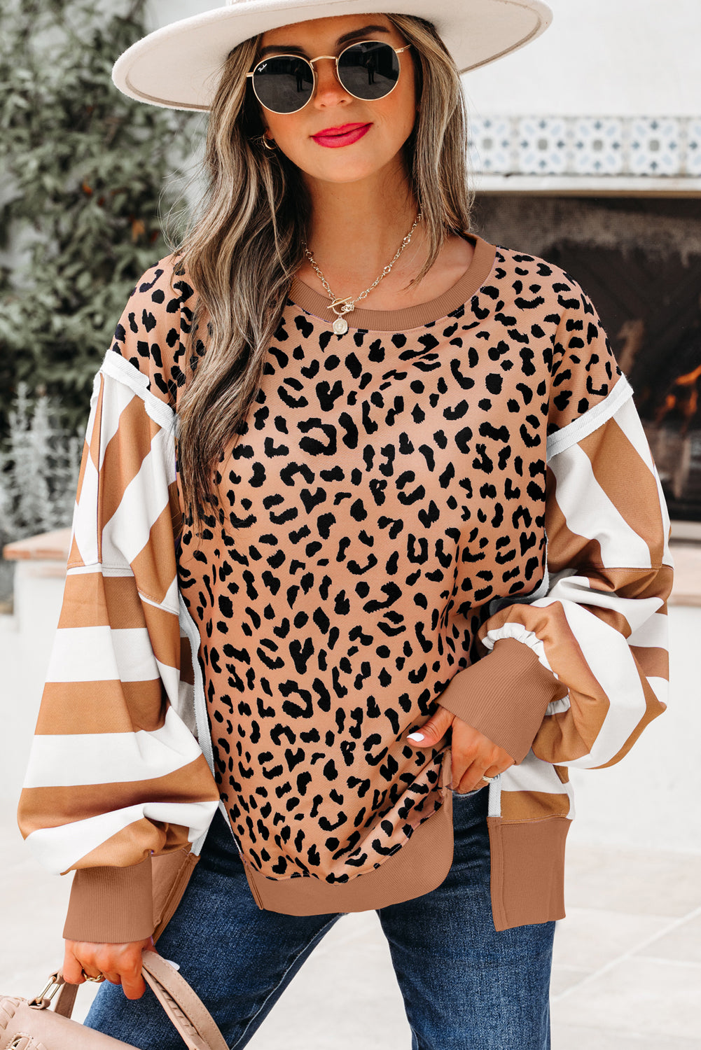 Khaki Stripe Color Block Patchwork Leopard Casual Sweatshirt with Slits