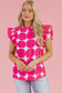 Rose Bubblegum Pattern Frilled Collar Flutter Sleeve Top