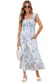 Sky Blue Floral Smocked High Waist Double Ruffle Sleeveless Long Dress