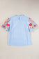 Light Blue Gingham Floral Embroidered Puff Sleeve Blouse