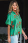 Bright Green Floral Print Buttoned V Neck Short Sleeve Blouse