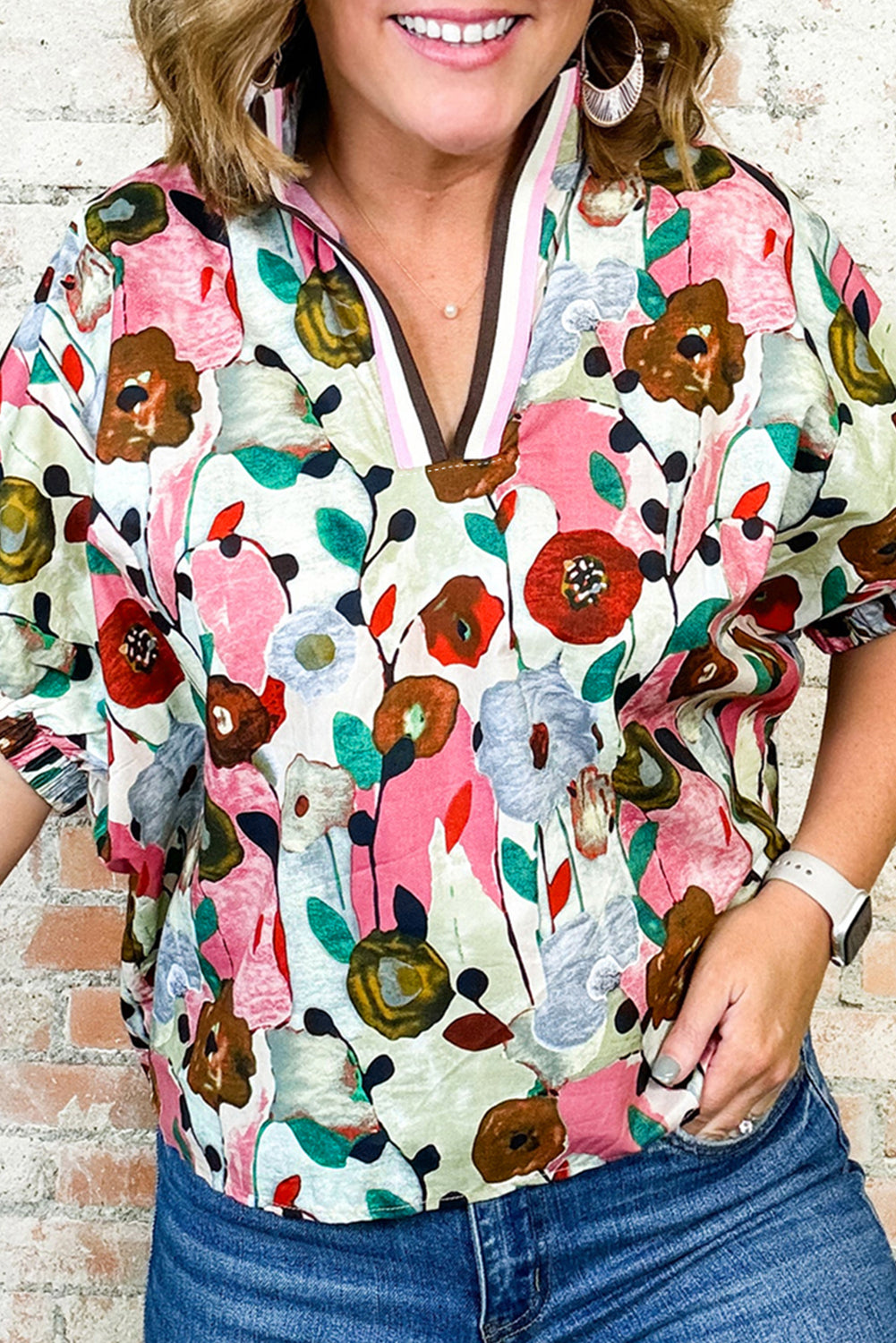 Pink Floral Print Slit V Neck Short Sleeve Blouse