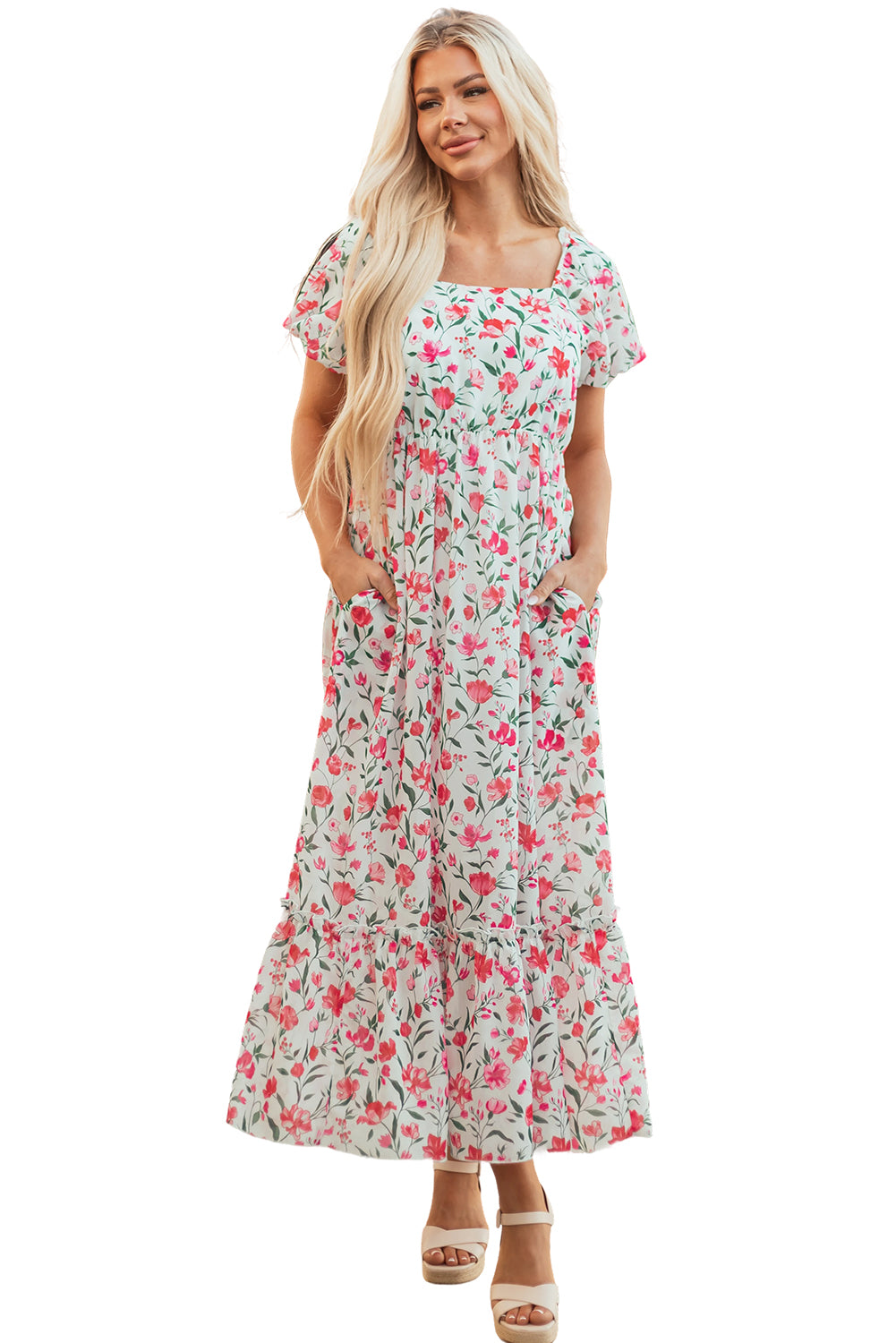 Pink Floral Puff Sleeve Square Neck Empire Waist Tiered Maxi Dress
