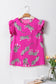 Rose Tiger Pattern Flutter Sleeve Crew Neck Blouse