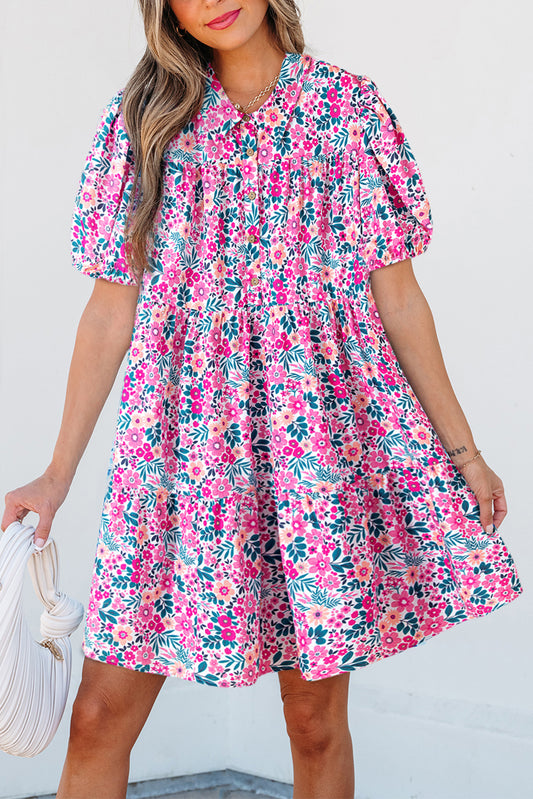 Pink Floral Collared Half Placket Short Sleeve Loose Dress