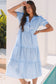 Sky Blue Stripe Bubble Short Sleeve Tiered Scallop Long Dress