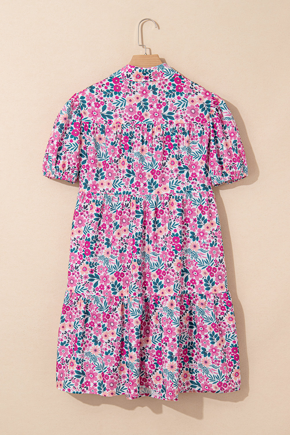 Pink Floral Collared Half Placket Short Sleeve Loose Dress