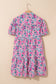 Pink Floral Collared Half Placket Short Sleeve Loose Dress