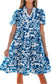 Blue Ricrac Trim Split Neck Floral Loose Dress