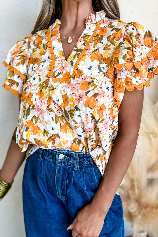 Russet Orange Ruffled V Neck Scalloped Short Sleeve Floral Blouse