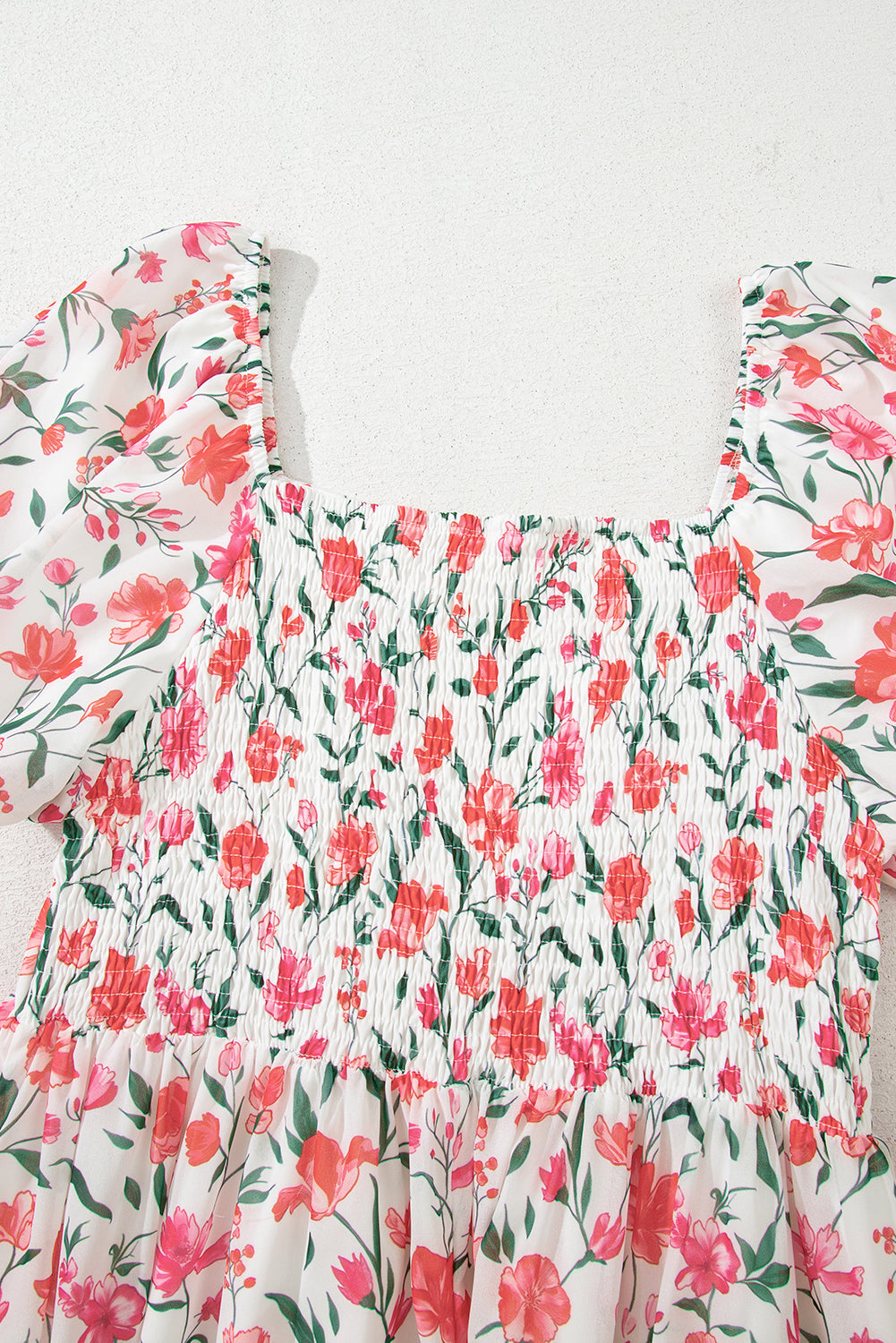 Pink Floral Puff Sleeve Square Neck Empire Waist Tiered Maxi Dress