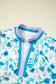 Green Floral Print Colorblock Edge Puff Sleeve Split Neck Plus Size Blouse