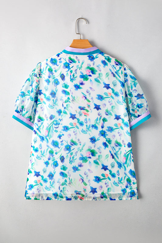 Green Floral Print Colorblock Edge Puff Sleeve Split Neck Plus Size Blouse