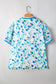 Green Floral Print Colorblock Edge Puff Sleeve Split Neck Plus Size Blouse