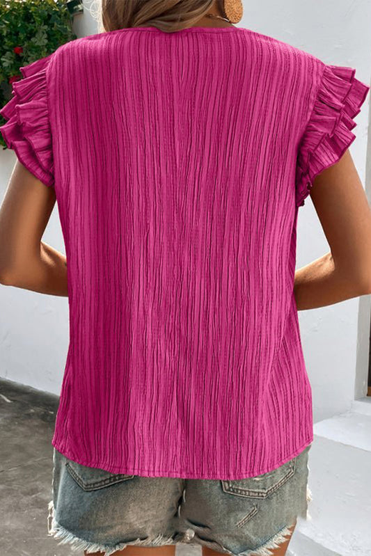 Rose Red Textured Ruffled Sleeve V Neck Top