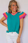 Turquoise Contrast Flutter Sleeves Knitted Sweater T Shirt