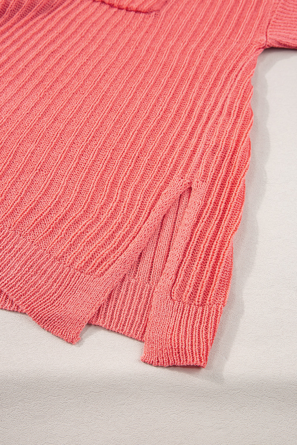 Fresh Salmon Rolled Cuffs Loose Knit Tee with Slits