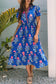 Sky Blue Floral Puff Short Sleeve V Neck High Waist Maxi Dress