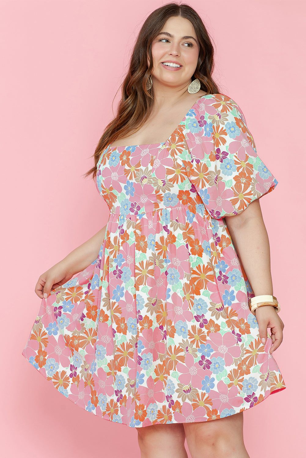 Multicolour Floral Puff Sleeve Square Neck Plus Babydoll Dress