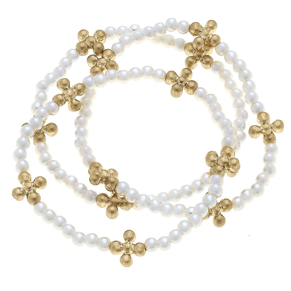 Wren Delicate Cross Beaded Pearl Stretch Bracelets in Ivory