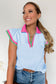 Beau Blue Color Contrast Ruffled Sleeve Collared V Neck Blouse