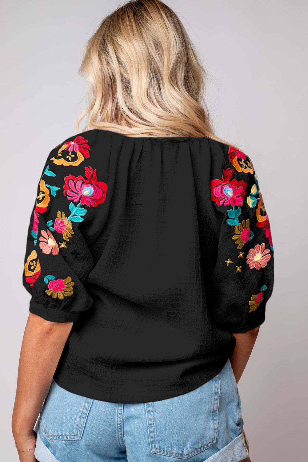 Black Floral Embroidered Ricrac Puff Sleeve Textured Blouse