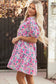 Pink Floral Collared Half Placket Short Sleeve Loose Dress