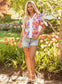 White Floral Colorblock Striped Edge V Neck Knotted Short Sleeve Blouse