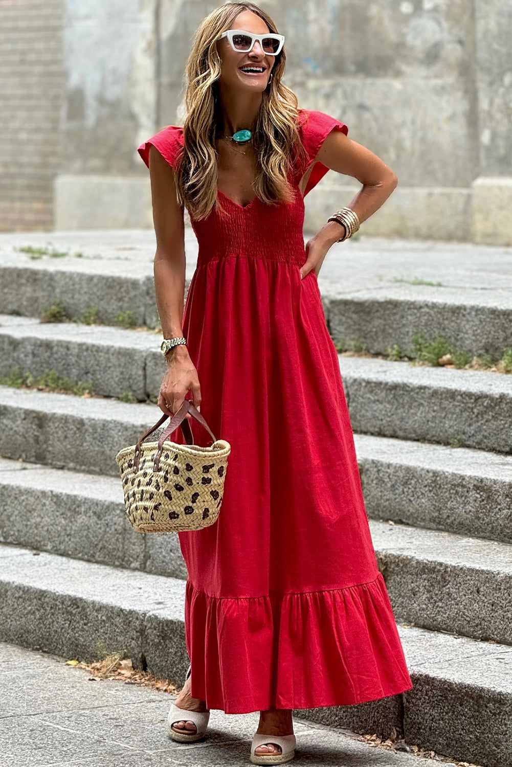 Fiery Red V Neck Flutter Sleeve Smocked Bodice High Waist Ruffle Maxi Dress