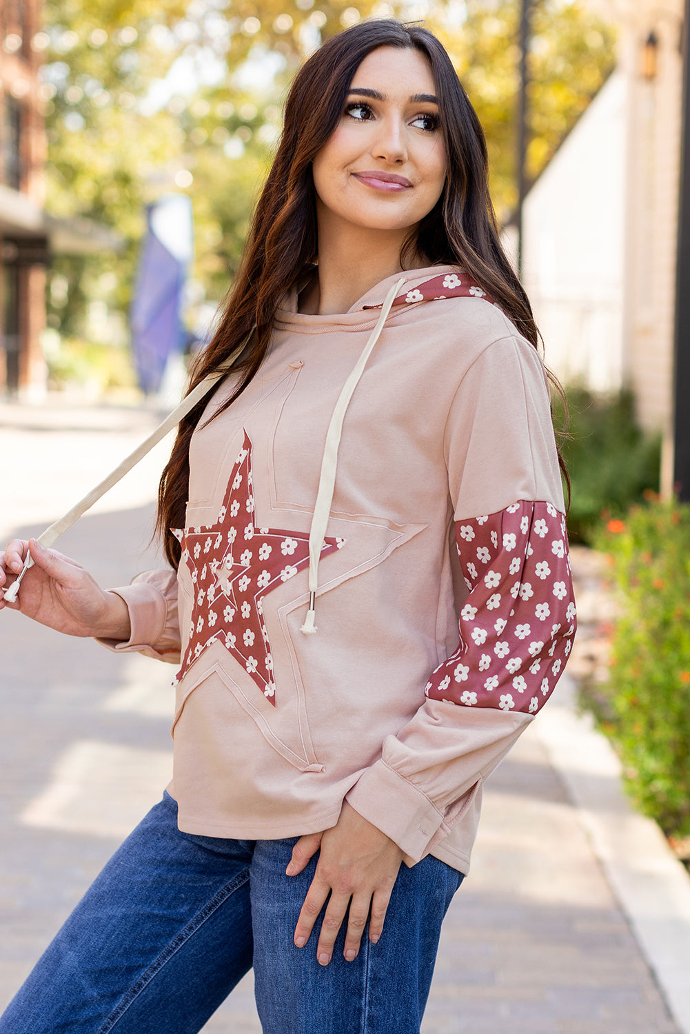 Delicacy Floral Patchwork Star Pattern Drawstring Hoodie