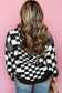 Black Checkered Print Drop Shoulder Round Neck Sweater