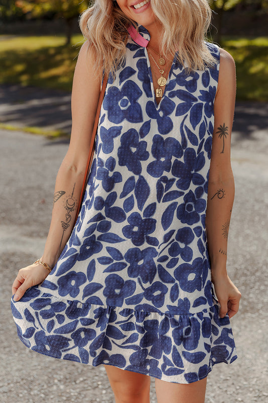 Blue Floral Sleeveless Colorblock Notched V Neck Mini Dress