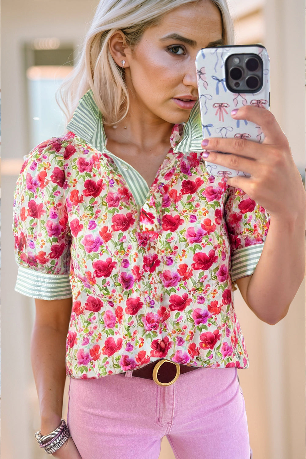 Red Floral Print Striped Patchwork Collared Short Sleeve Blouse