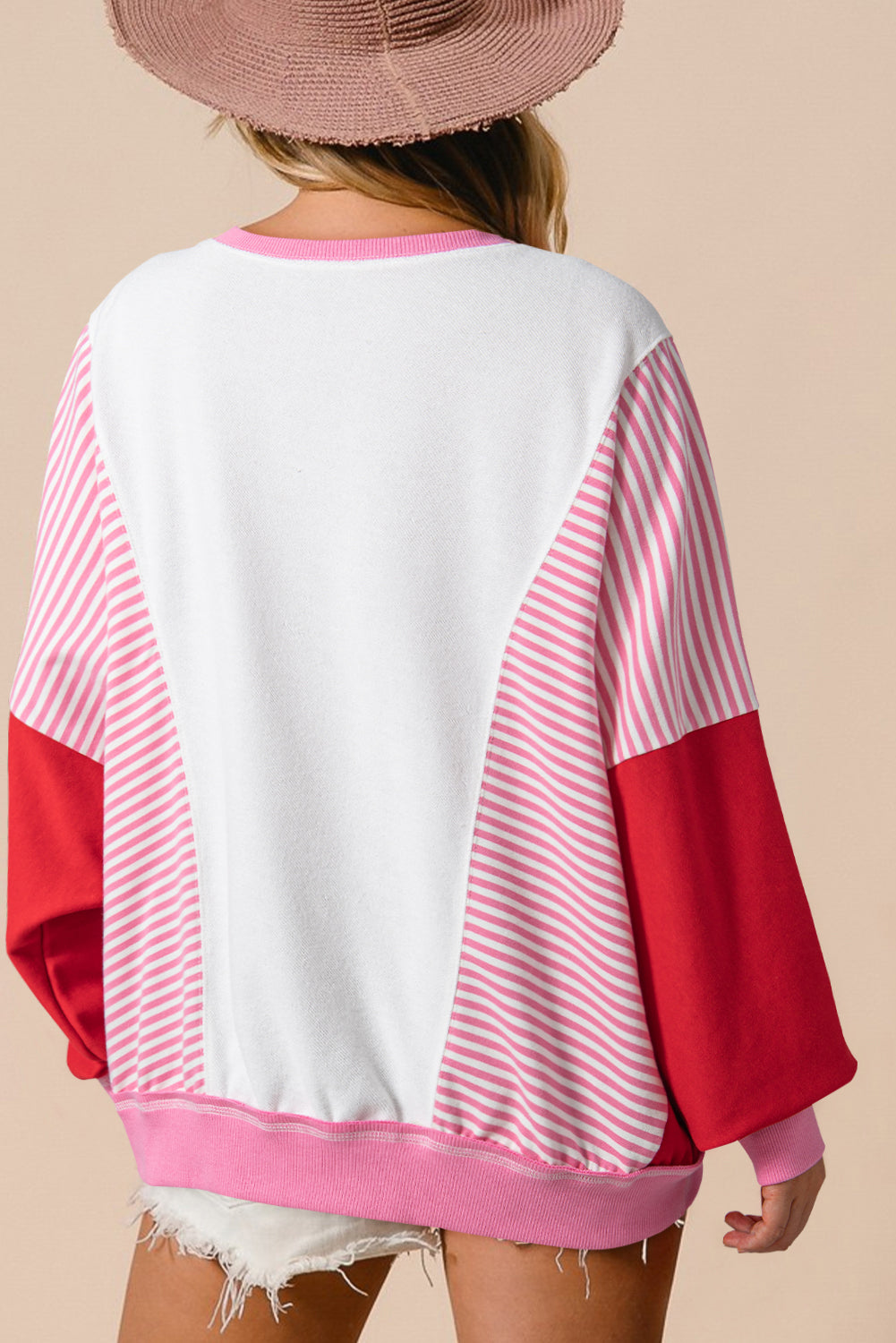 Rose Red Striped Patchwork Batwing Sleeve Pocketed Sweatshirt