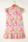 Pink Abstract Floral Ruffle Trim Flutter Sleeve Buttoned Dress