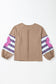 Light French Beige Flower Striped Patchwork Puff Sleeve Loose Sweatshirt