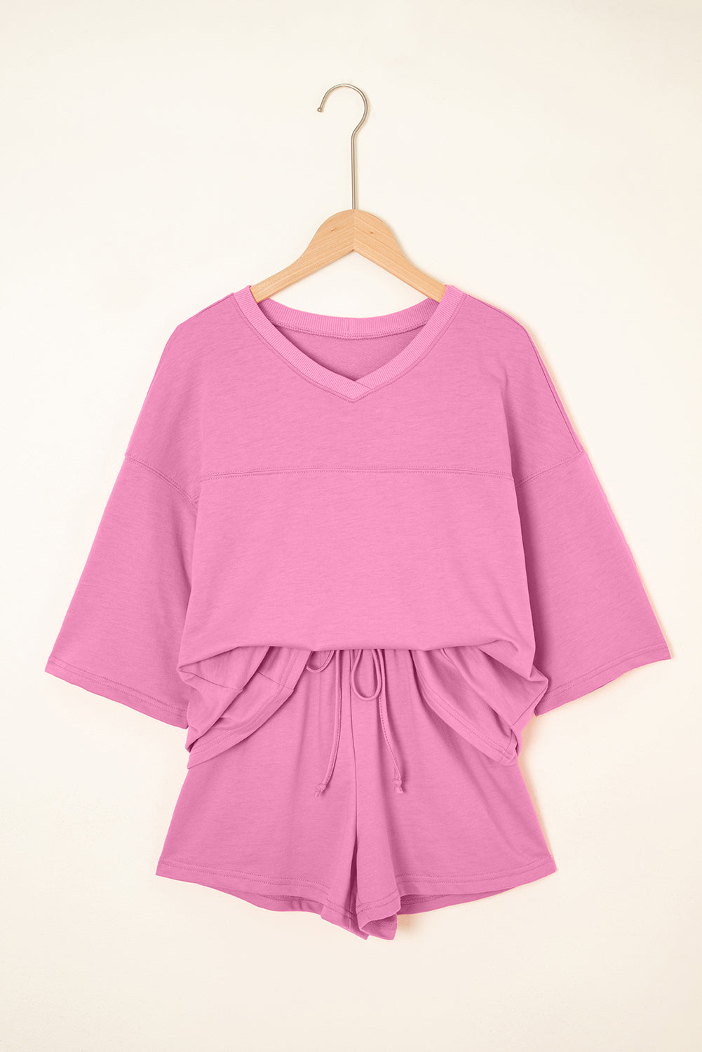 Bonbon Solid Loose V Neck Half Sleeve Tee and Shorts