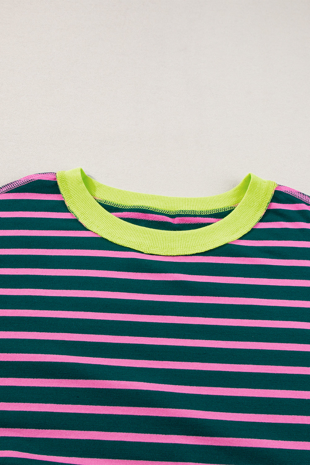 Green Contrast Trim Exposed Seam High Low Stripe T Shirt