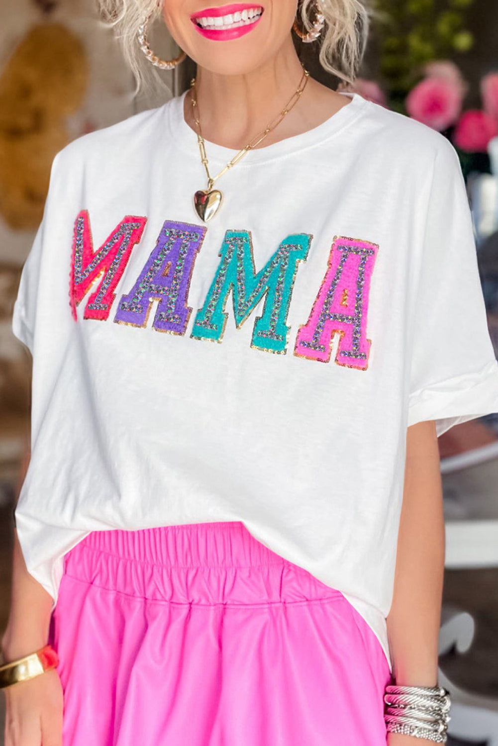 White MAMA Chenille Patched Crew Neck T Shirt