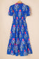 Sky Blue Floral Puff Short Sleeve V Neck High Waist Maxi Dress