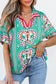 Sea Green Boho Abstract Print Contrast Striped Collared V Neck Blouse